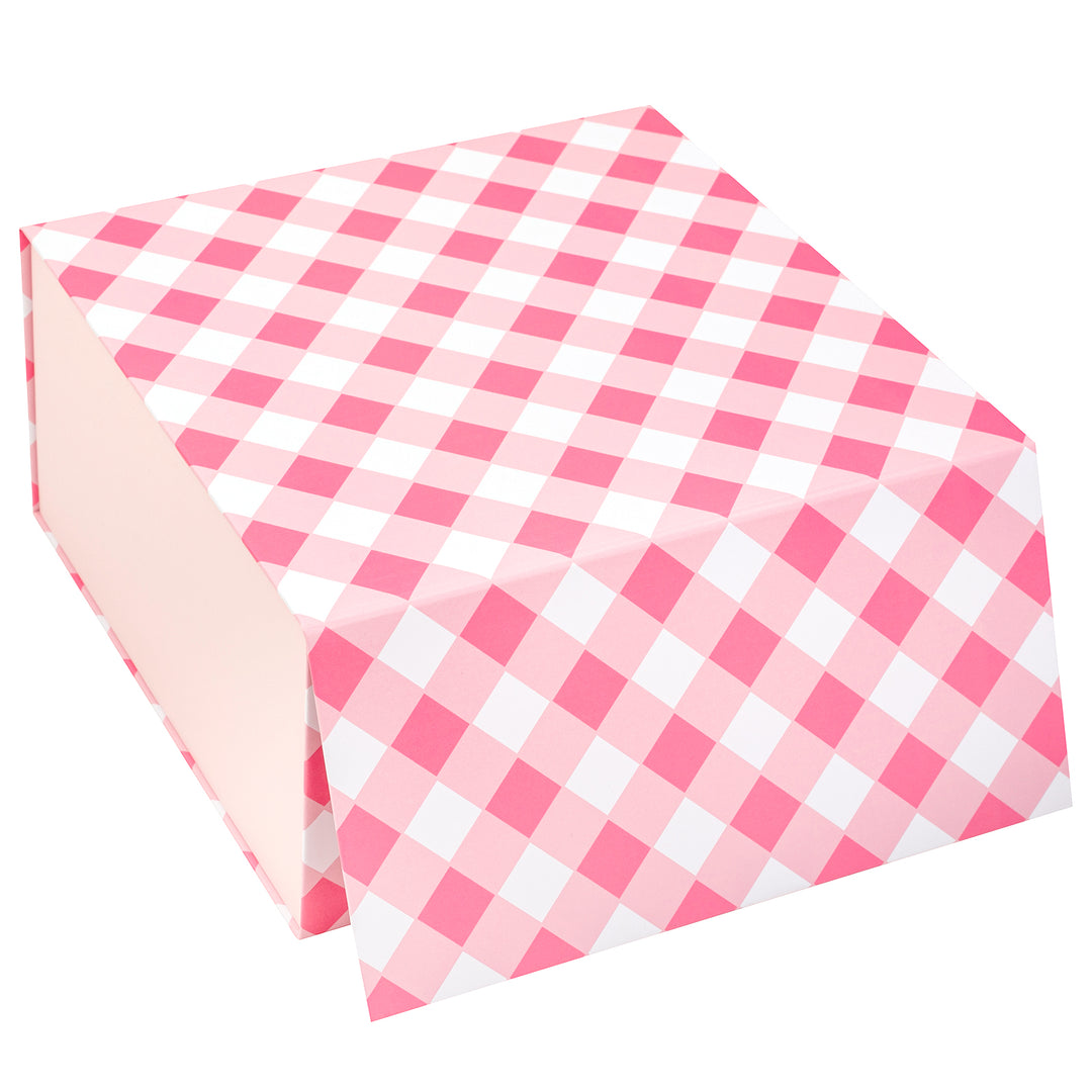 8" x 8" x 4" Light Pink and White Plaid Collapsible Magnetic Gift Box - 2 Pcs Tissue Paper