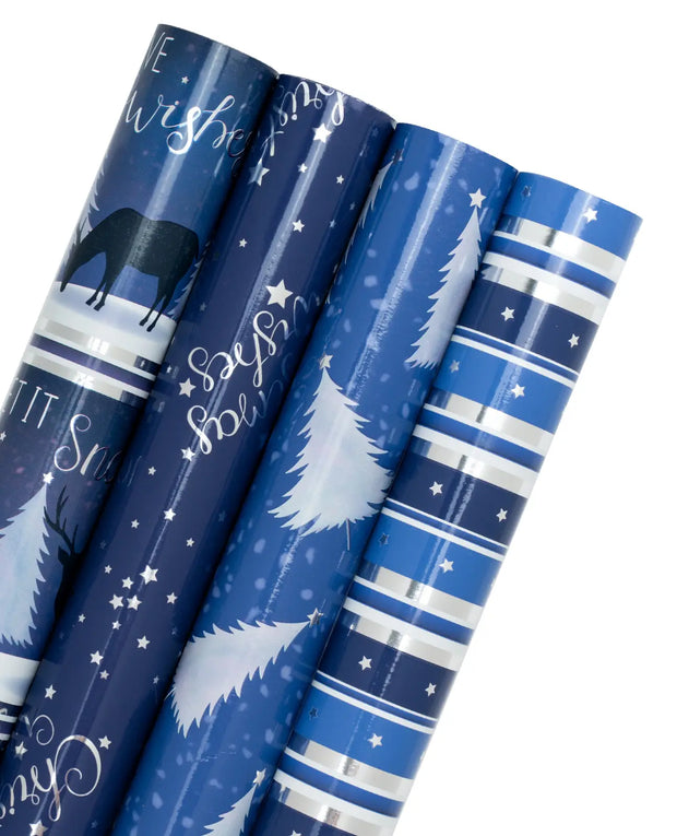 30" x 10' Wrapping Paper Bundle (4-pack) | Navy Holiday Printed