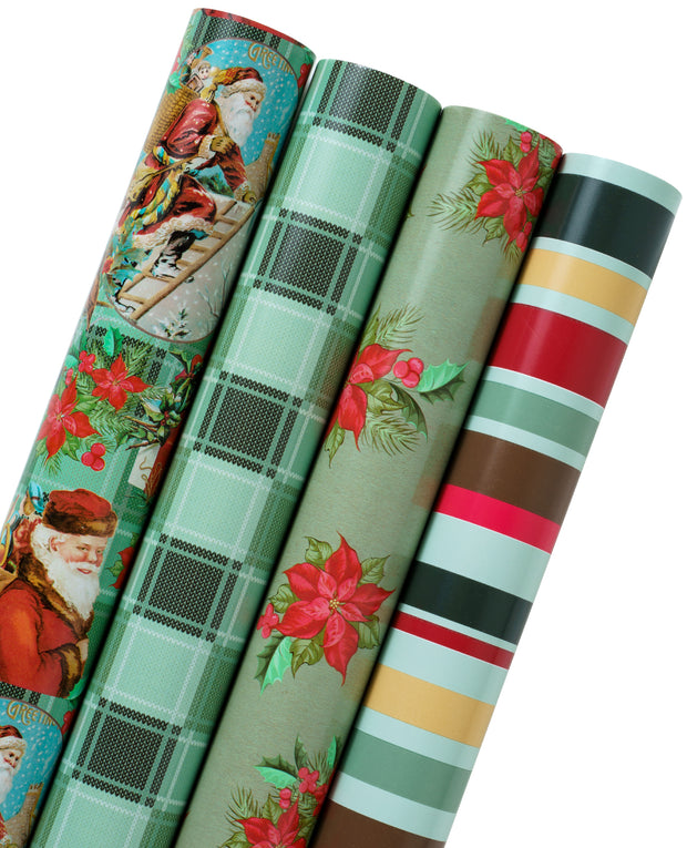30" x 10' Wrapping Paper Bundle (4-pack) | Traditional Green Printed