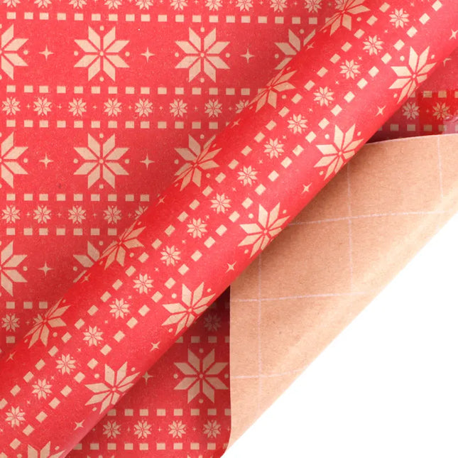 30" x 10' Red Christmas Snowflake Kraft Wrapping Paper, festive knit-style snowflake pattern on red