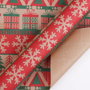 Red knit style kraft wrapping paper with snowflakes and gift boxes