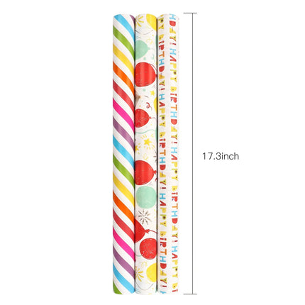 Birthday Mini Wrapping Paper 3 Roll Bundle - Happy Birthday/Diagonal Stripe/Balloon Designs - 17" x 120"/Roll (42.3 Sq Ft Total) LaRibbons and Crafts