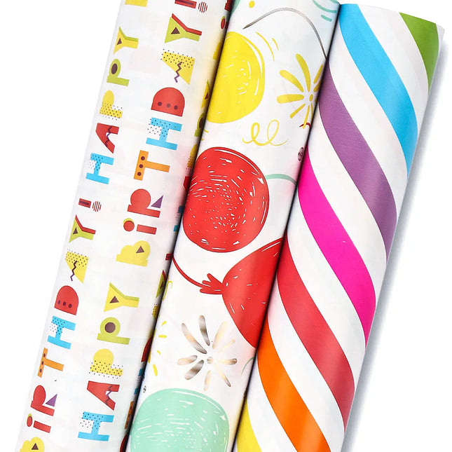 Birthday Mini Wrapping Paper 3 Roll Bundle - Happy Birthday/Diagonal Stripe/Balloon Designs - 17" x 120"/Roll (42.3 Sq Ft Total) LaRibbons and Crafts