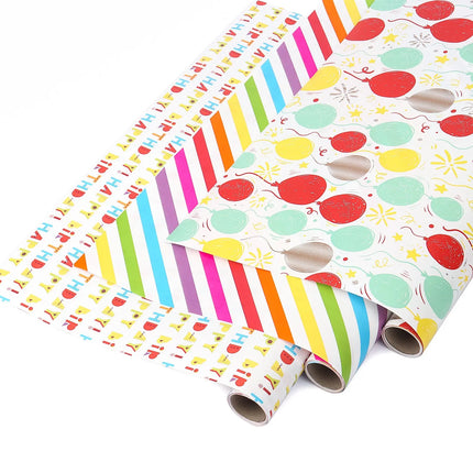 Birthday Mini Wrapping Paper 3 Roll Bundle - Happy Birthday/Diagonal Stripe/Balloon Designs - 17" x 120"/Roll (42.3 Sq Ft Total) LaRibbons and Crafts