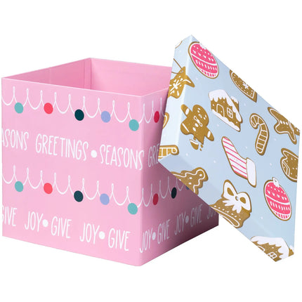 9" x 9" x 9" Collapsable Holiday Gift Box w/ 2-pcs White Tissue Paper & Removable Lid | "Christmas Ornaments" Pink/Blue LaRibbons and Crafts
