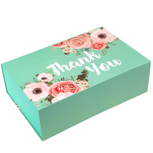 14" x 9" x 4.3"  Floral Thank You Collapsible Magnetic Gift Box - 2 Pcs Tissue Paper