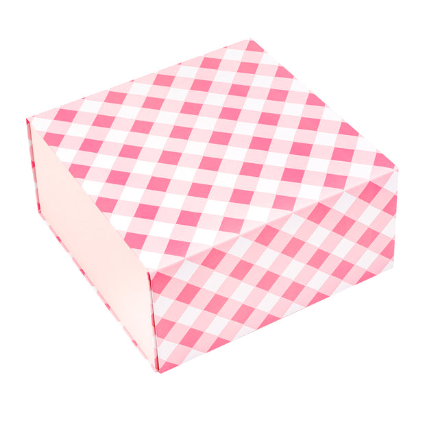 8" x 8" x 4" Light Pink and White Plaid Collapsible Magnetic Gift Box - 2 Pcs Tissue Paper