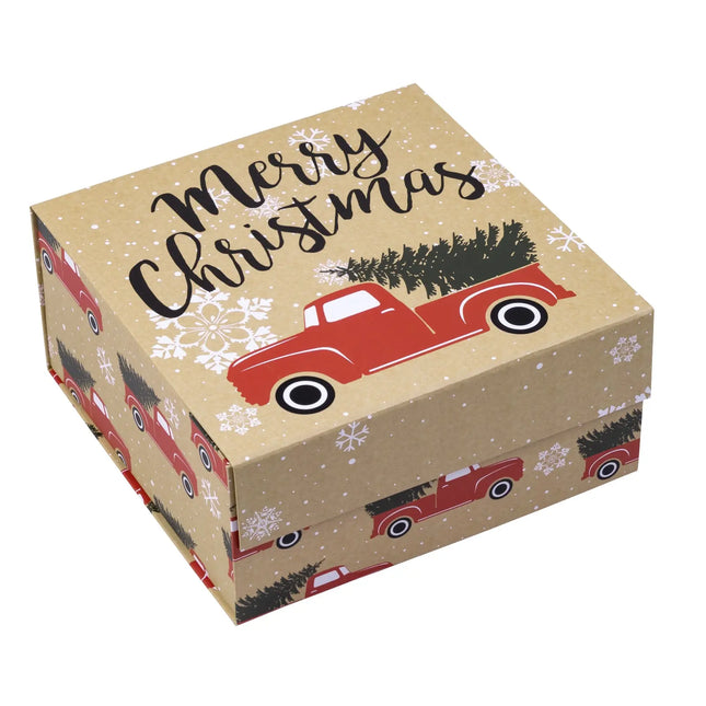 8" x 8" x 4" Collapsable Holiday Gift Box w/ 2-pcs White Tissue Paper & Magnetic Square Flap Lid | Red Truck And Christmas Tree LaRibbons and Crafts
