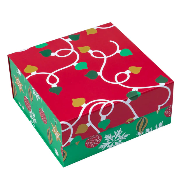 8" x 8" x 4" Collapsable Holiday Gift Box w/ 2-pcs White Tissue Paper & Magnetic Square Flap Lid | Red/Green Christmas Ornaments LaRibbons and Crafts