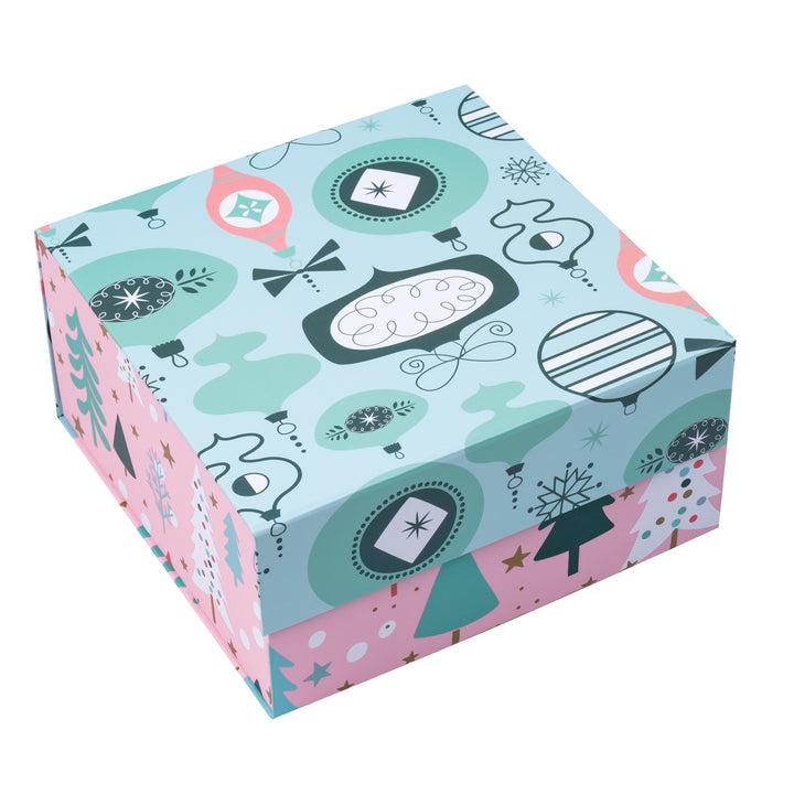 8" x 8" x 4" Collapsable Holiday Gift Box w/ 2-pcs White Tissue Paper & Magnetic Square Flap Lid | Pink And Blue Christmas Ornaments