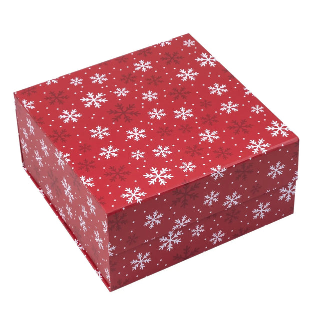 8" x 8" x 4" Collapsable Holiday Gift Box w/ 2-pcs White Tissue Paper & Magnetic Square Flap Lid | Red Snowflake LaRibbons and Crafts