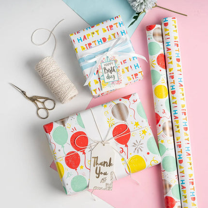 Birthday Mini Wrapping Paper 3 Roll Bundle - Happy Birthday/Diagonal Stripe/Balloon Designs - 17" x 120"/Roll (42.3 Sq Ft Total) LaRibbons and Crafts