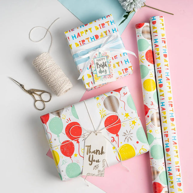 Birthday Mini Wrapping Paper 3 Roll Bundle - Happy Birthday/Diagonal Stripe/Balloon Designs - 17" x 120"/Roll (42.3 Sq Ft Total) LaRibbons and Crafts