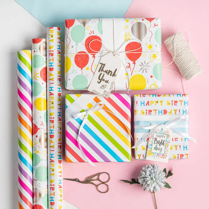 Birthday Mini Wrapping Paper 3 Roll Bundle - Happy Birthday/Diagonal Stripe/Balloon Designs - 17" x 120"/Roll (42.3 Sq Ft Total) LaRibbons and Crafts