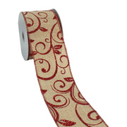 2 1/2" Wired Ribbon | "Scroll" Natural/Red | 10 Yard Roll