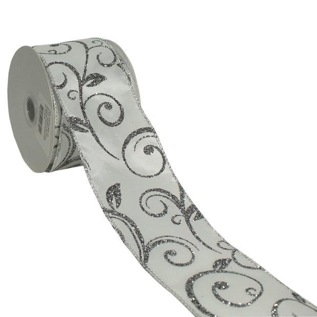 2 1/2" Wired Ribbon | "Scroll" White/Silver (10078) | 10 Yard Roll