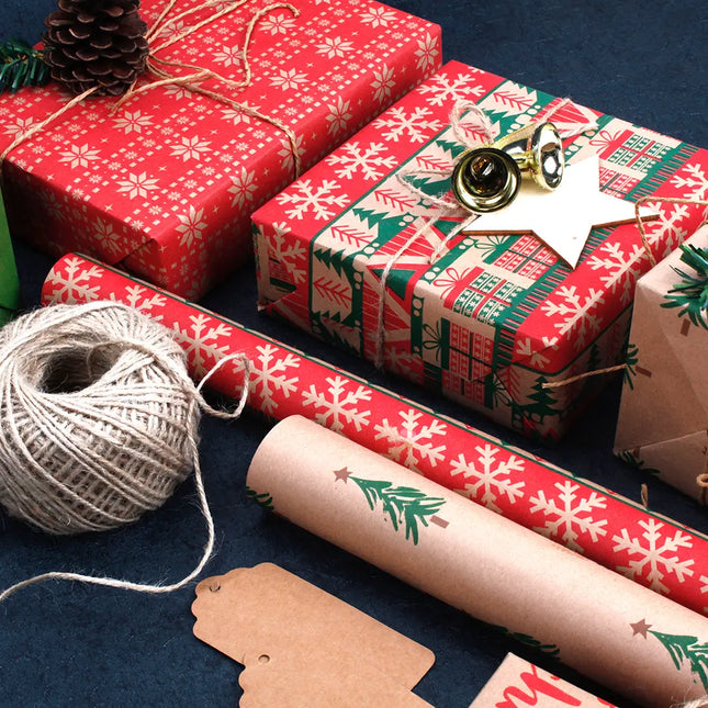 Rustic Christmas gift set with festive red snowflake kraft wrapping paper, wrapped presents, twine