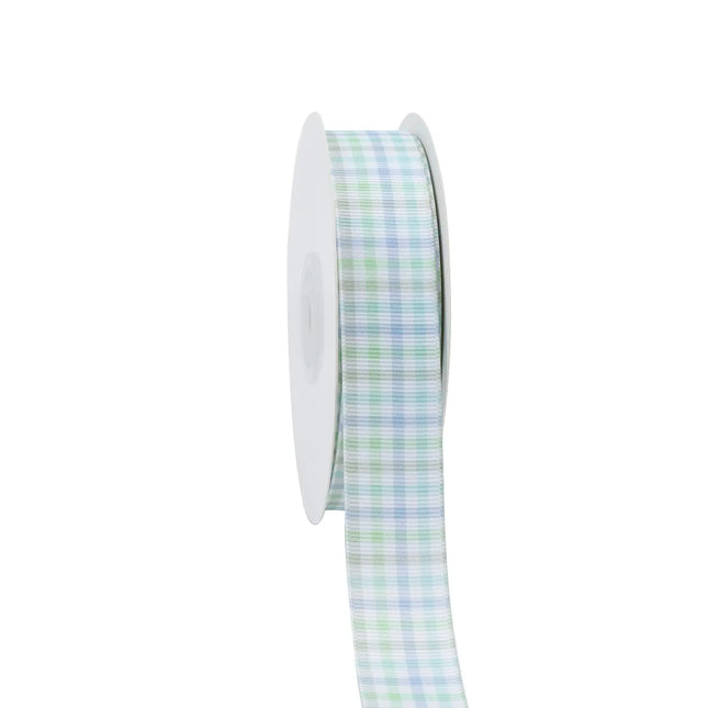 This boy plaid grosgrain ribbon (light blue-green checks) — suited for gender-reveal party decor