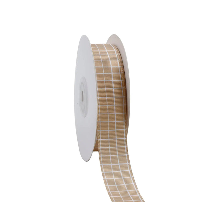 Neutral harvest check grosgrain ribbon (tan-and-white grid) — fits DIY decor projects.
