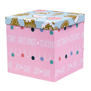 9" x 9" x 9" Collapsable Holiday Gift Box w/ 2-pcs White Tissue Paper & Removable Lid | "Christmas Ornaments" Pink/Blue